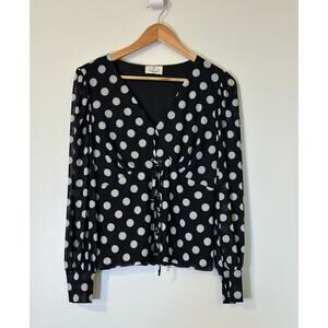 Vintage Y2K Ember Large Black House Polka Dots Long Sleeve Low Cut V-Neck Blouse